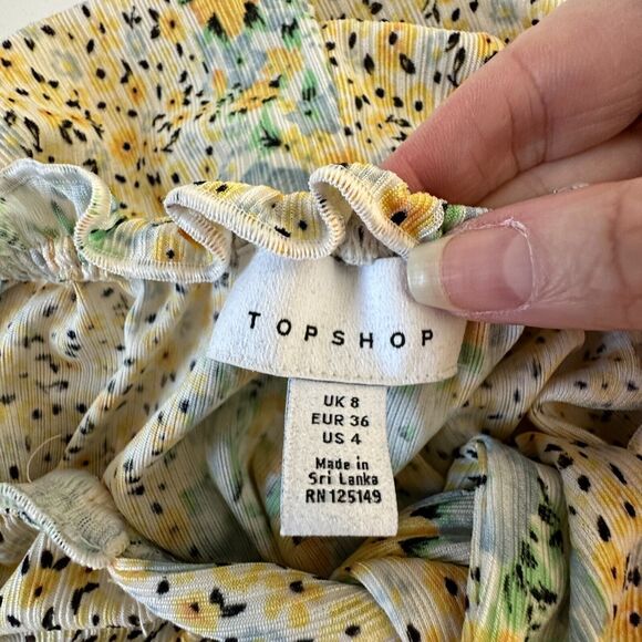 Topshop Cute Yellow Multi Color Ditsy Floral Off Shoulder Mini Puff Sleeve 4 - Picture 9 of 15